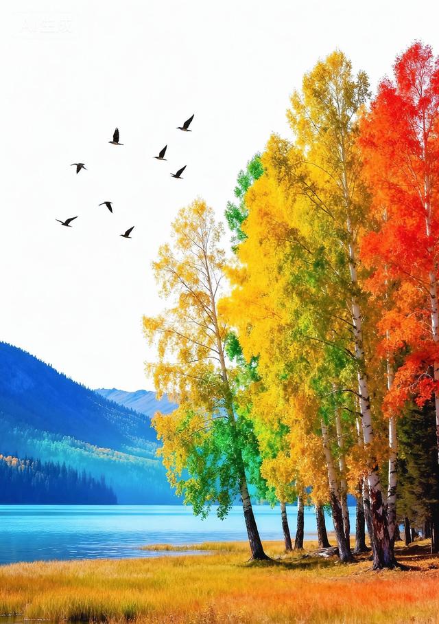 秋日湖泊彩林
