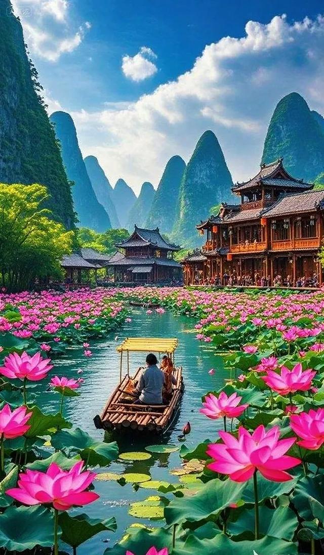 舟行碧波上，人在荷中游