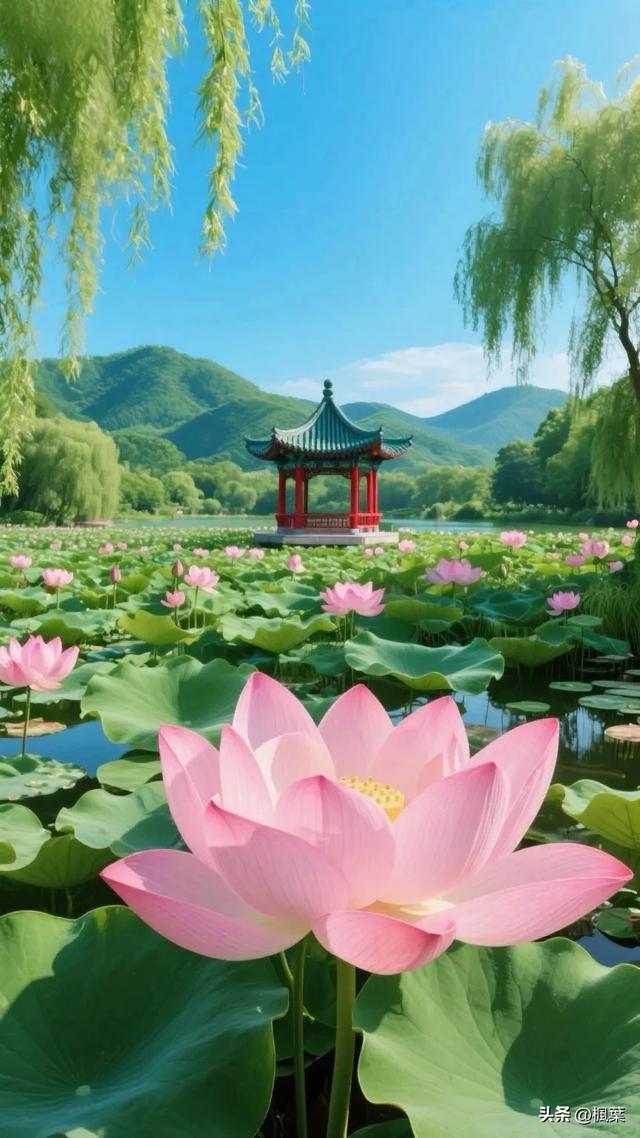 满塘盛开着粉嫩的荷花，宽大翠绿的莲叶层层叠叠，尽显生机与美丽