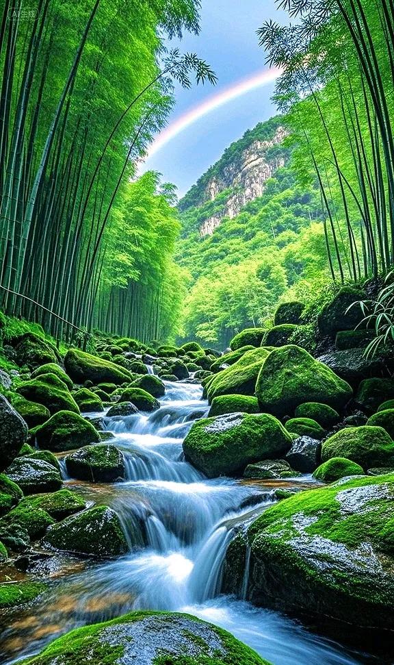 走进翠绿竹林，邂逅潺潺溪流与梦幻彩虹 ，心都被这方天地治愈啦~
