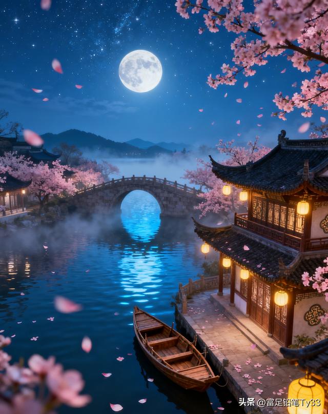 月色如水，樱花飘落，静谧夜晚的诗意美景！