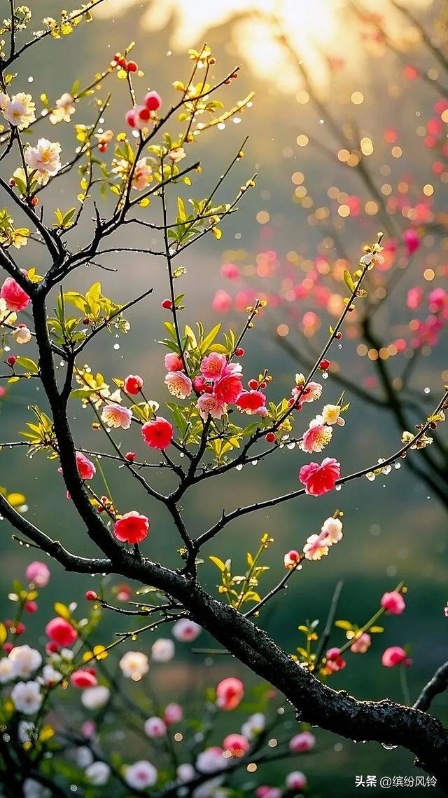 晨雾裹着金芒漫过梅枝