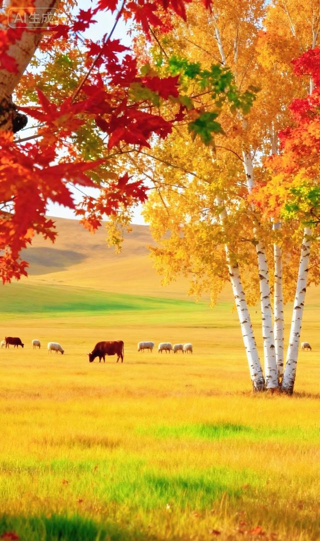 红枫垂帘，牧群踱过金绿原野