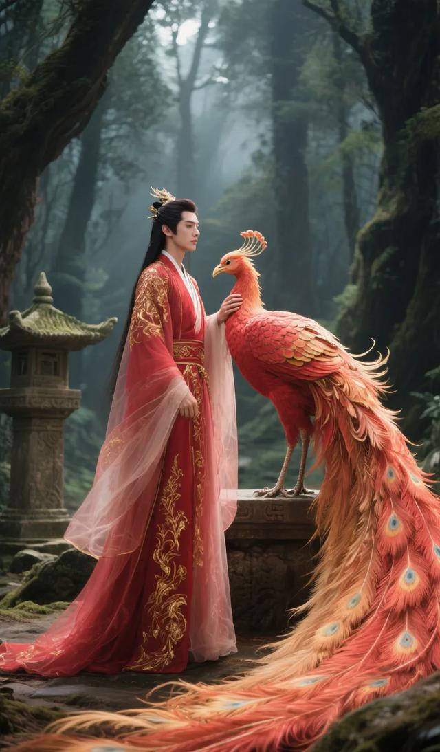 奇幻之境:红衣女子与火鸟在仙气森林的绝美邂逅