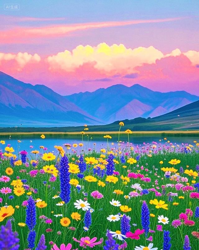 黄昏下的花海、湖泊与远山，每一处都美到让人心醉～