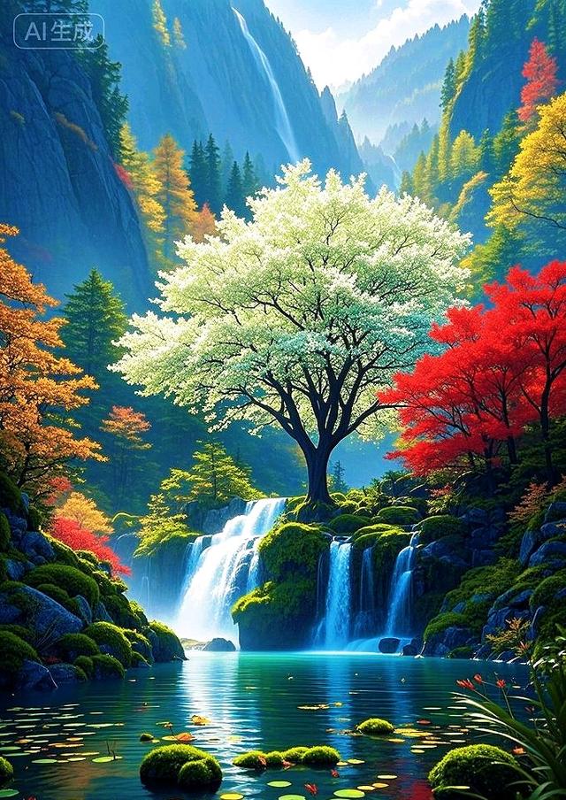 青山、彩树配瀑布，这自然风景看着太治愈了
