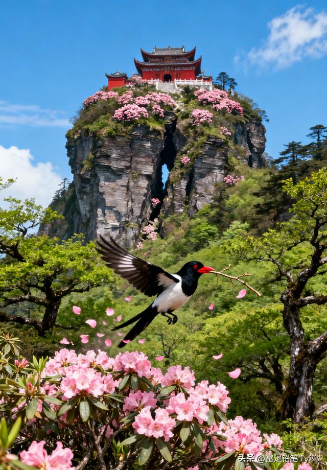 仙境中的古寺，飞鸟掠过，云海翻腾，如梦如幻！