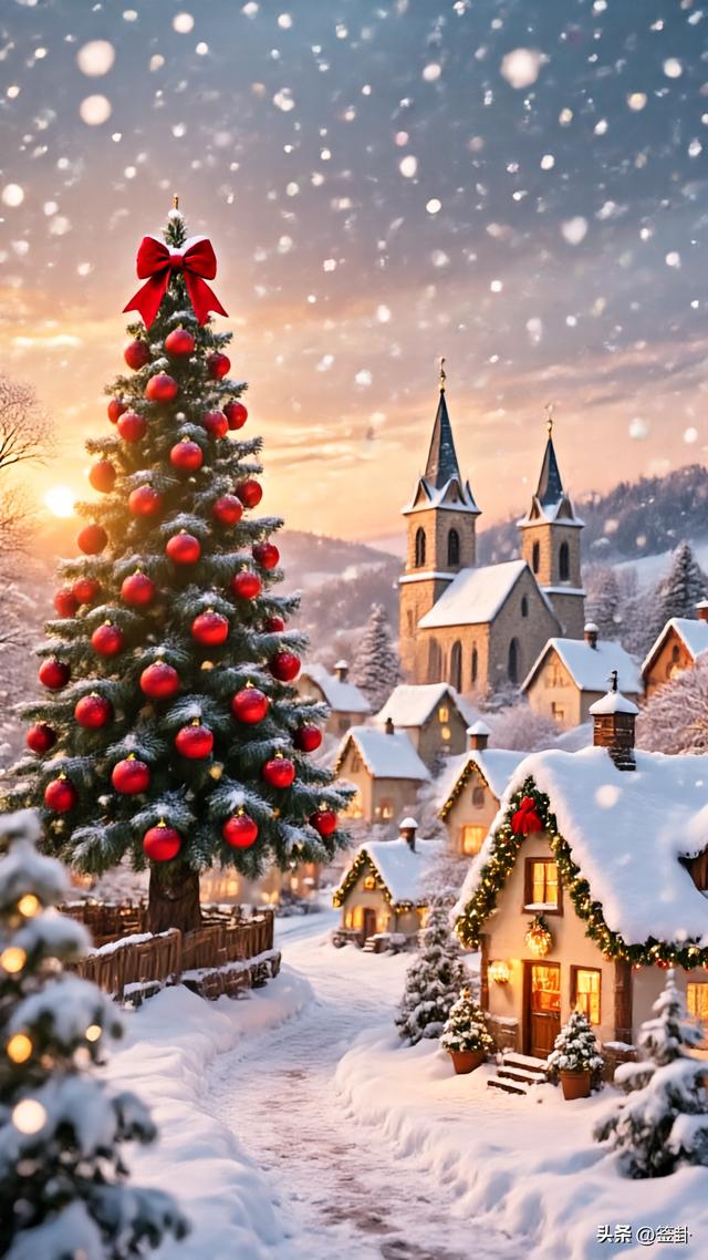 白雪皑皑的圣诞黄昏美景