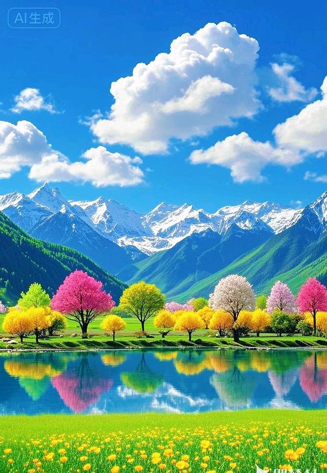 雪山湖畔，五颜六色树绘就绝美治愈画卷