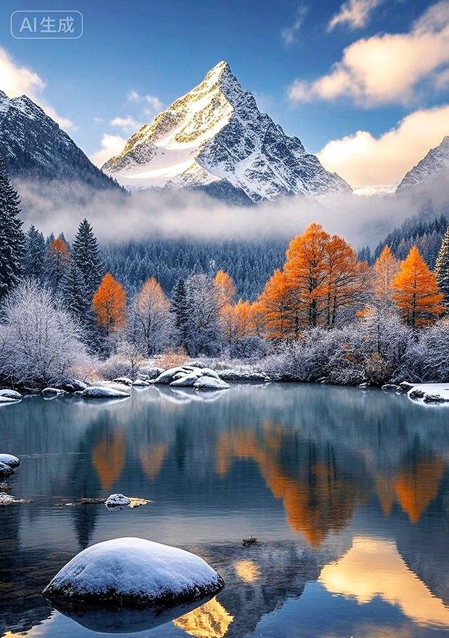 初雪吻过的金林，在镜湖里映成冰峰的温柔