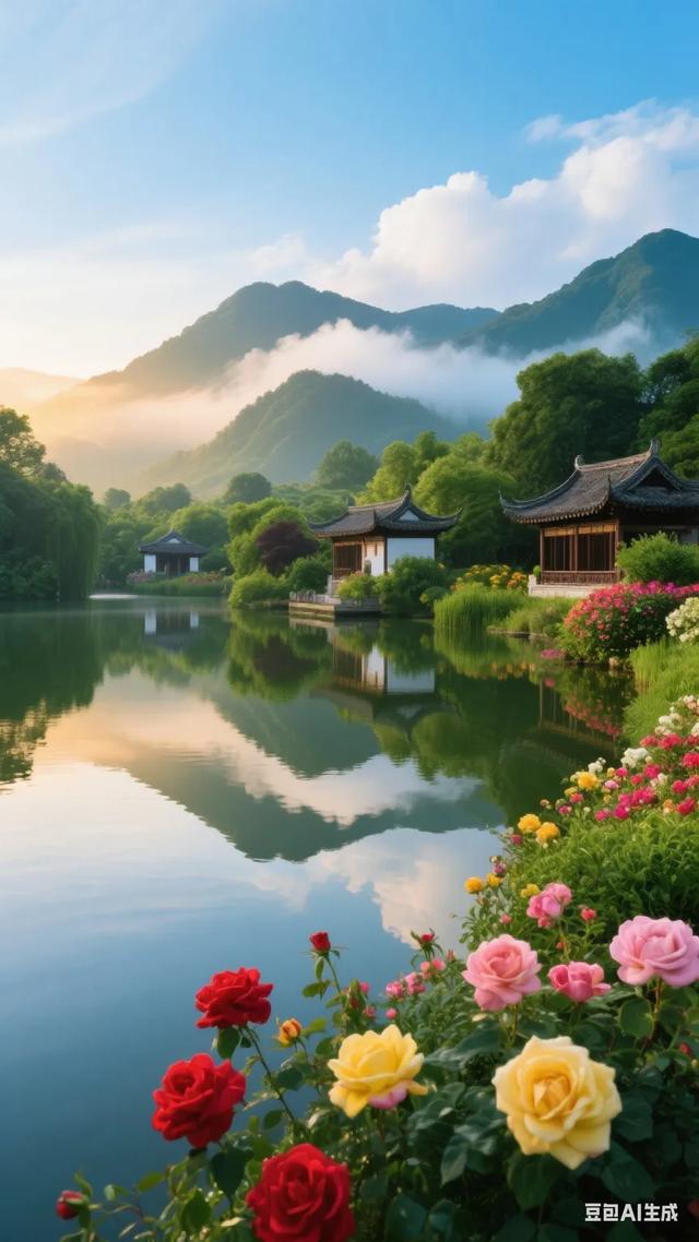 梦幻般的世外桃源，静谧的湖面倒映着古色古香的建筑，宛如仙境！
