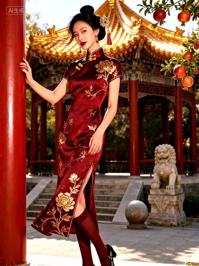 酒红旗袍邂逅金瓦古建，古韵与锋芒共织绮梦