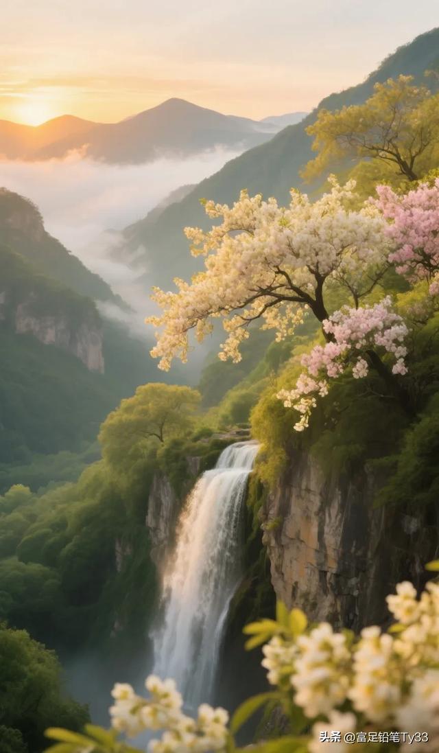 晨曦染瀑！粉花缀满山间，这处仙境藏着童话里的浪漫
