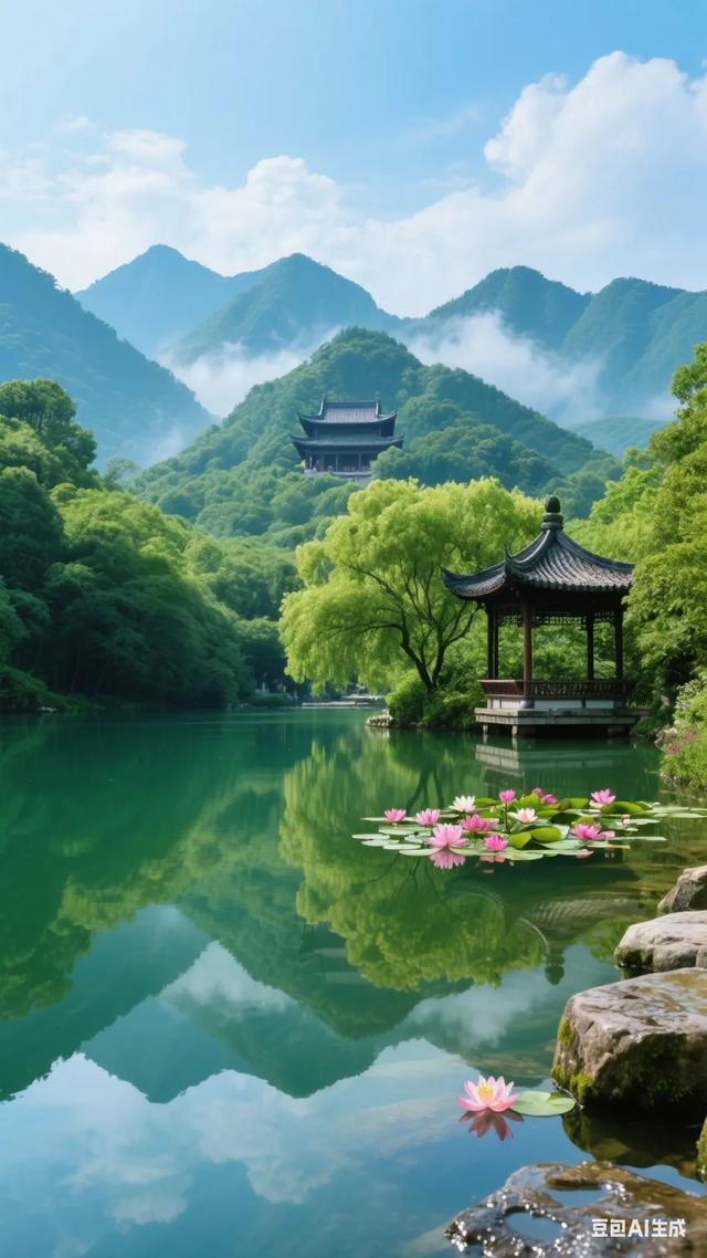 静谧湖畔，古风亭台，云雾缭绕，宛如仙境！
