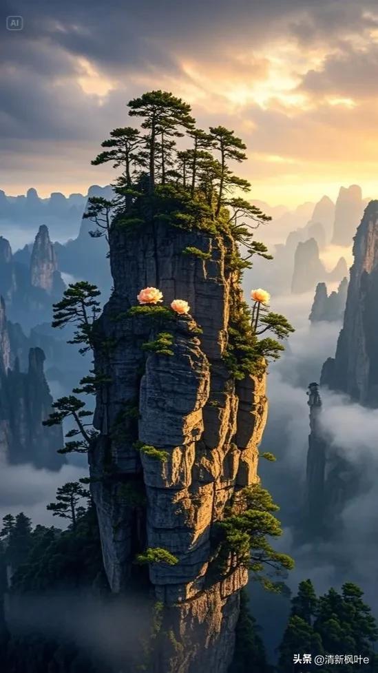 在云雾缭绕的奇幻之境，张家界悬浮山宛如超脱尘世的仙岛傲然矗立