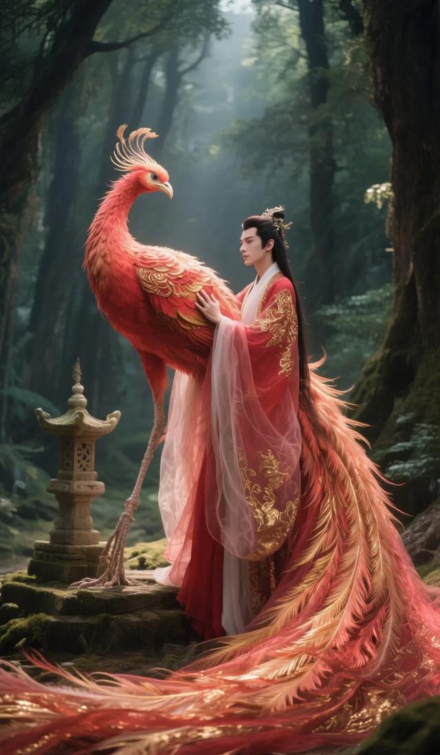 奇幻之境:红衣女子与火鸟在仙气森林的绝美邂逅