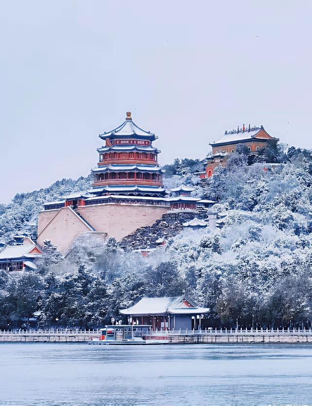 紫金城披上银装，红墙金瓦映衬着漫天飞舞的雪花	，这画面太美了。