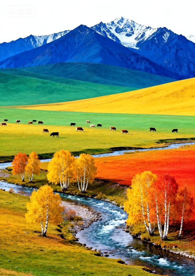 雪山下的秋野牧歌