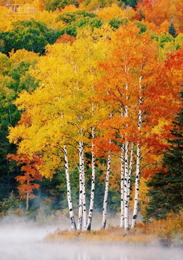 秋雾里的白桦，晕染了半林金红