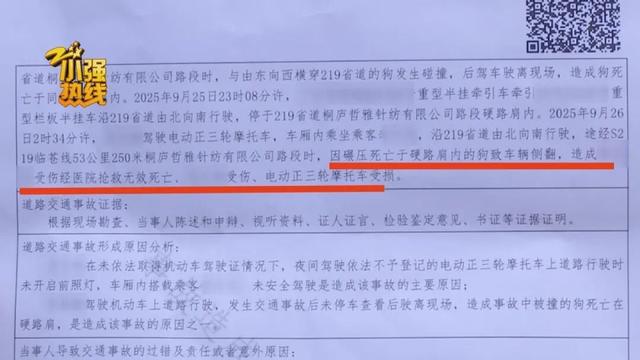 货车司机撞死狗，狗尸体致三轮车侧翻车上71岁乘客身亡，交警认定三轮车主责货车次责，双方均不服