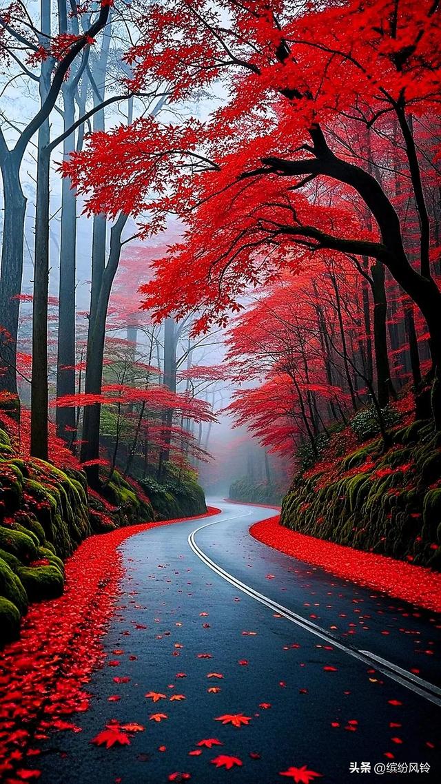 雾霭轻抚山峦，红枫似火