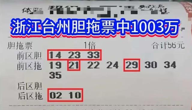 羡慕！浙江台州彩友凭借一张56元的胆拖票，成功击中1003万大奖！