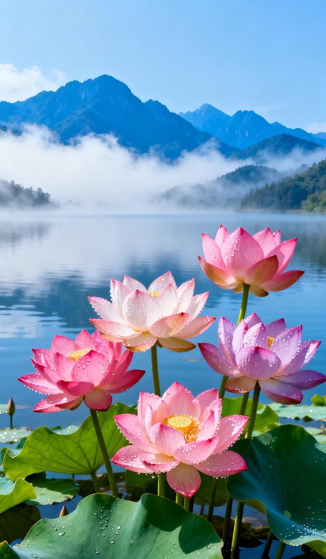远山云雾、澄澈湖水，粉紫荷花带露，翠荷叶，景致醉美