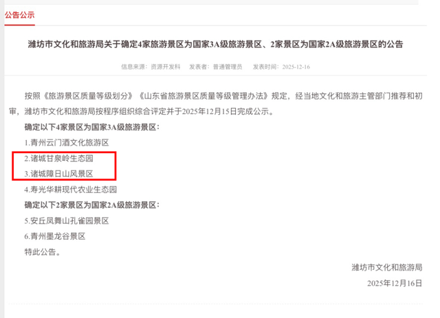 喜报 | 再添双星！我市甘泉岭生态园、障日山景区成功创建国家3A级旅游景区