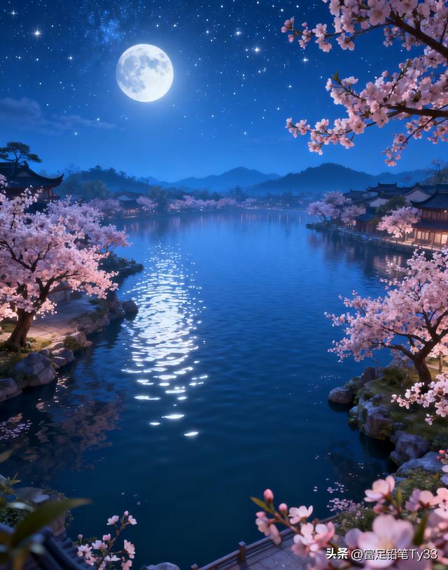 月色如水，樱花飘落，静谧夜晚的诗意美景！