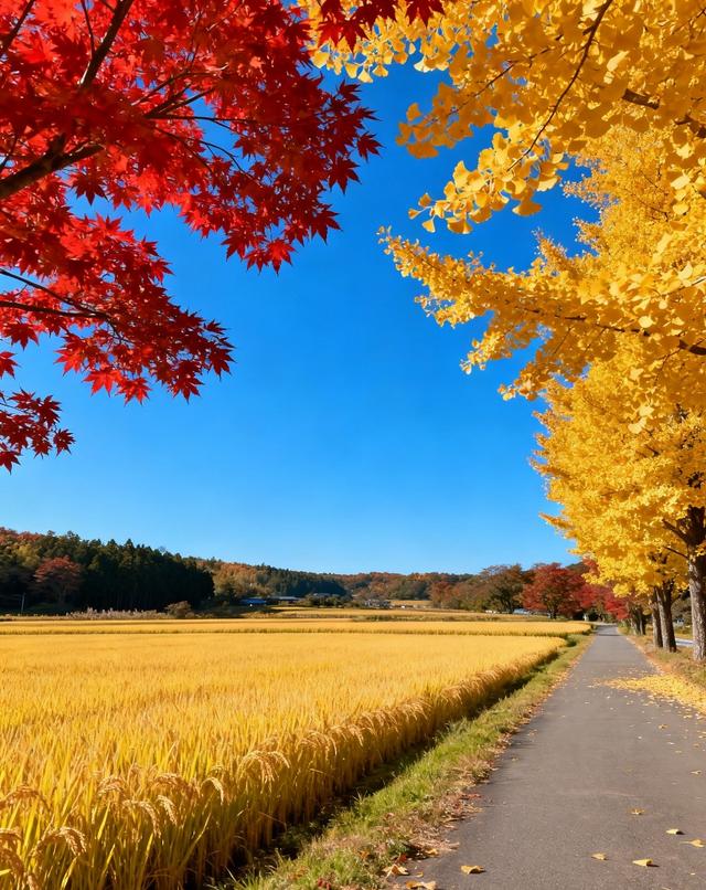 当蓝天撞了枫杏色，稻田就漾开了满季金黄