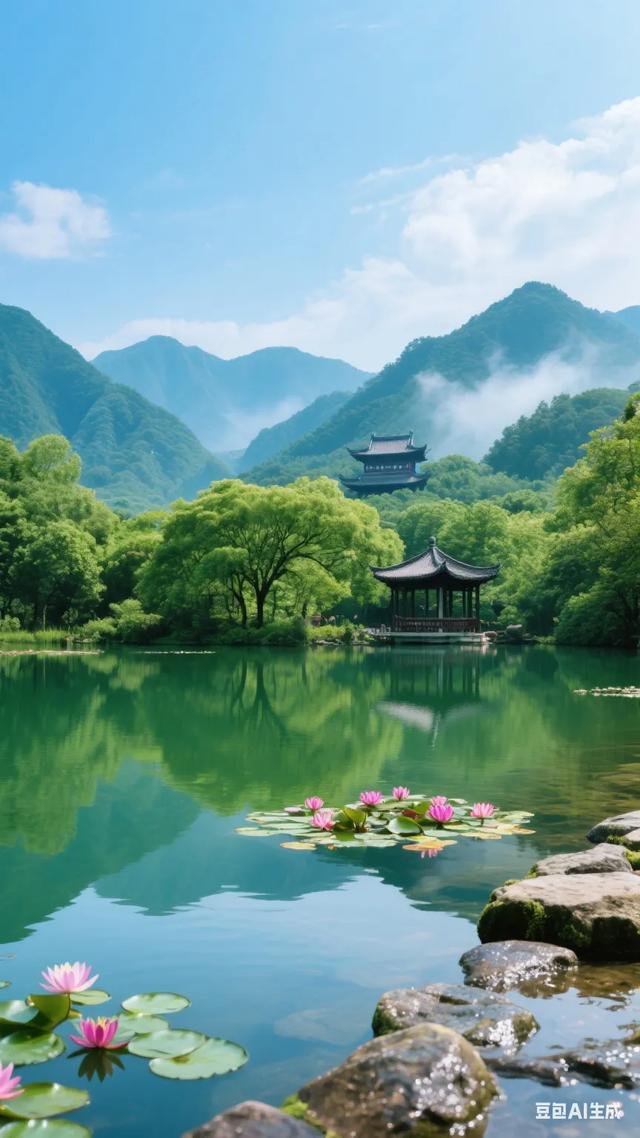 静谧湖畔，古风亭台，云雾缭绕，宛如仙境！
