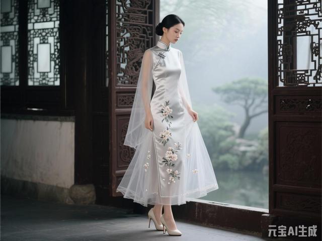 米白色梦幻旗袍美女图片鉴赏（末尾附ai提示词）