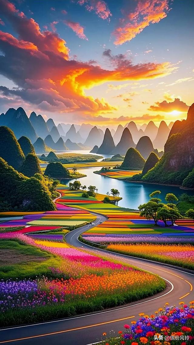 霞光似梦幻锦缎，晕染了天际