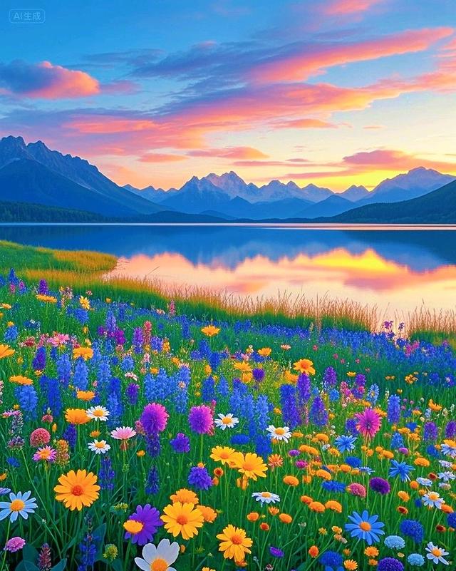 黄昏下的花海、湖泊与远山，每一处都美到让人心醉～