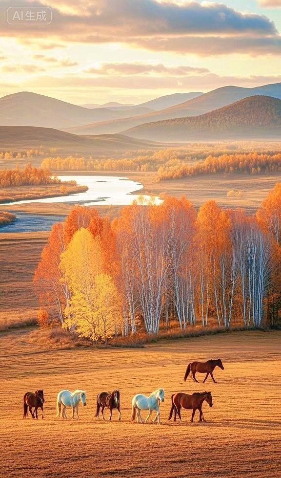 斑斓树影下，秋原里的自在马群