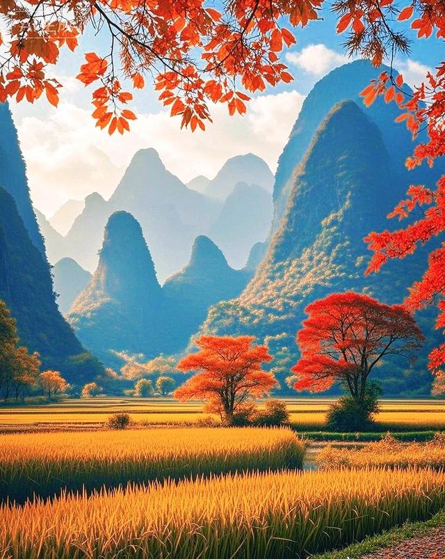 峰林秋意浓，碧水染层林