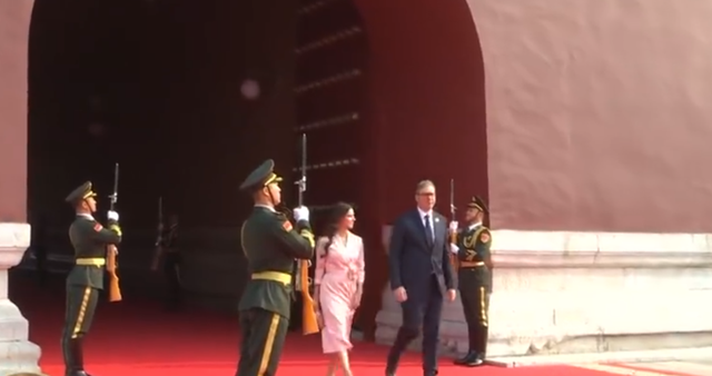 武契奇夫人观看阅兵美翻了！粉色玫瑰花裙好温婉，挽着武契奇很甜