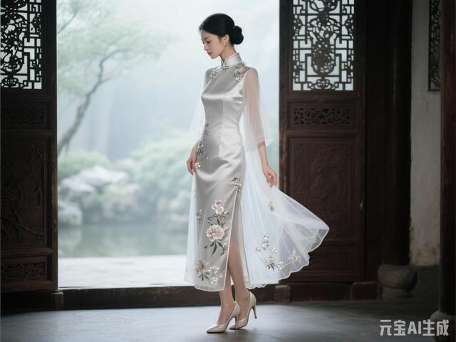 米白色梦幻旗袍美女图片鉴赏（末尾附ai提示词）