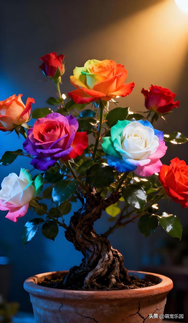 花盆里长出三色玫瑰，粉色红色白色同枝绽放，我惊呆了