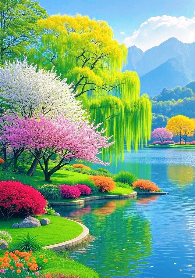 树染湖光，这湖景是把所有色彩都铺成了画