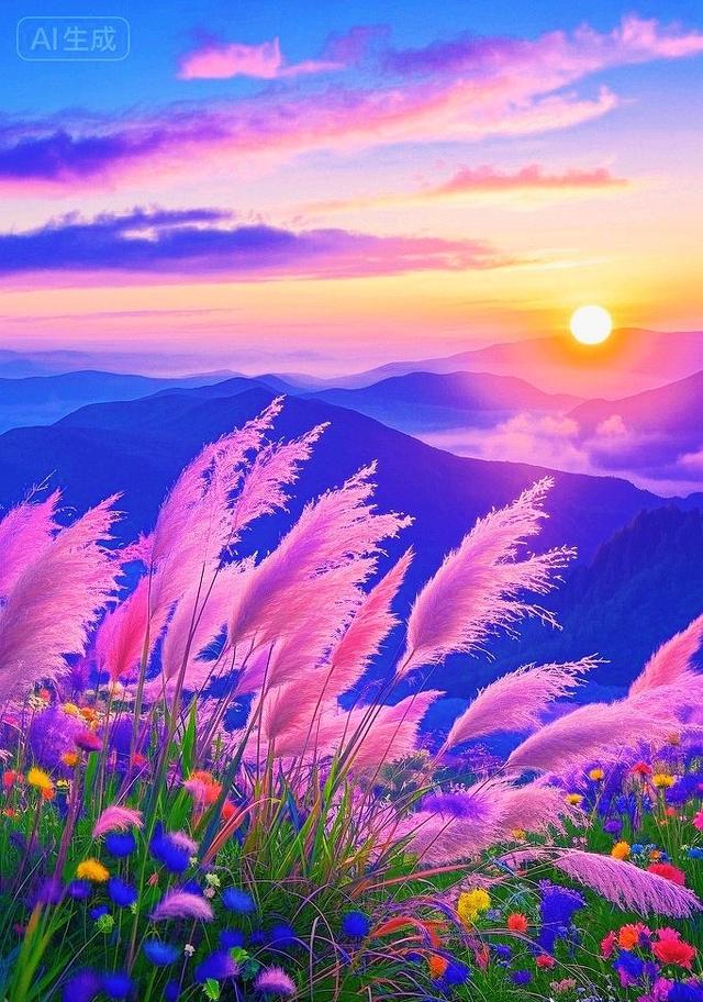 粉苇摇，彩花漫，日出染野太唯美了