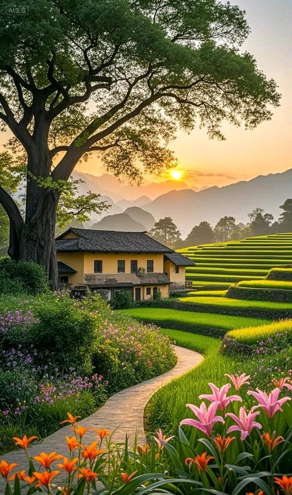 古村卧花海，梯田连远山，美成田园诗画