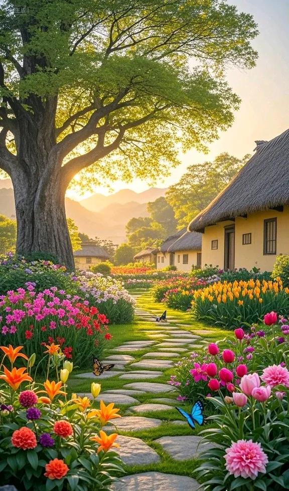 古村卧花海，梯田连远山，美成田园诗画