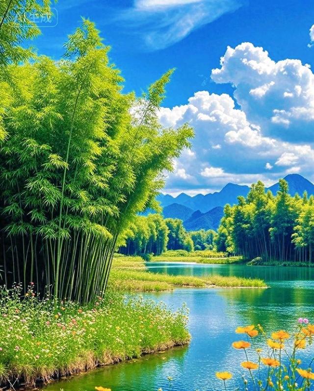 竹林繁花、澄澈湖水、连绵青山与漫天云絮，一幅绝美的山水画卷！