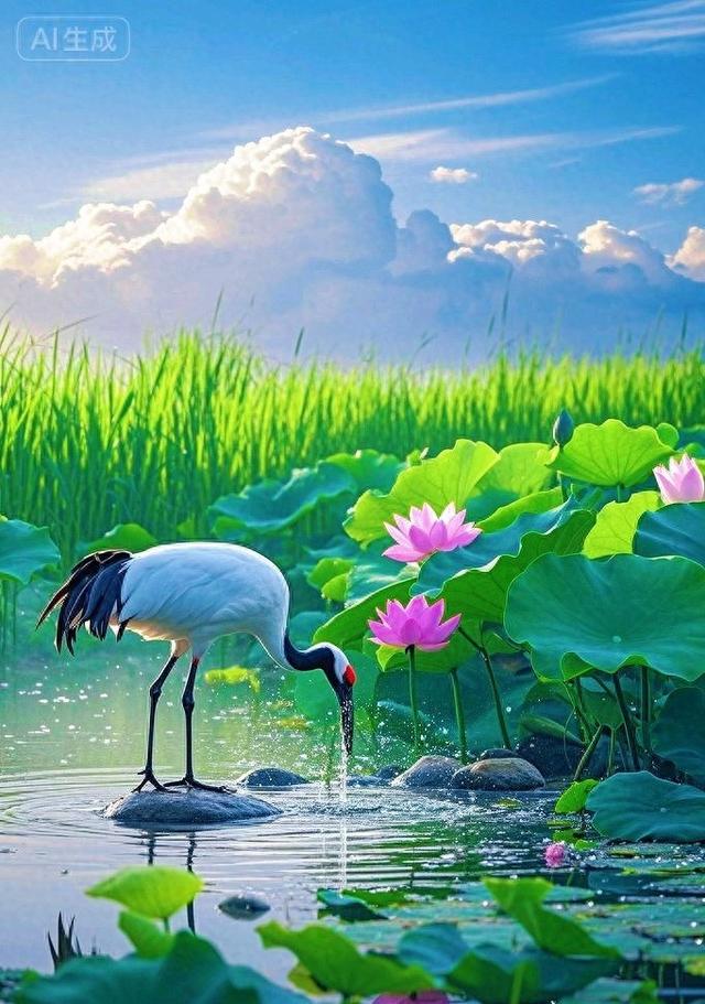 晴云铺绵，碧荷拥莲，双鹤栖塘漾波，天地尽是清灵柔美风光