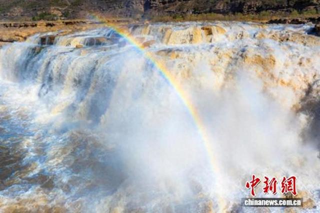 山西壶口展冬日画卷，现“青流飞瀑悬彩练”奇观