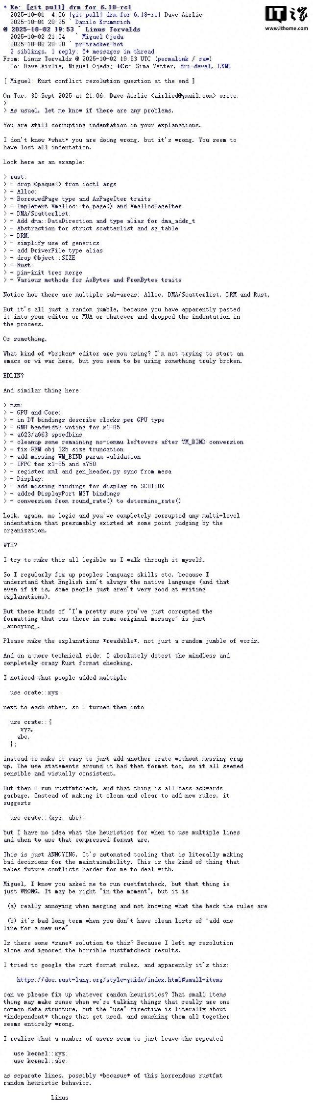 Linus 怒斥 Rust 代码排版混乱，强烈反对RISC-V Big Endian 计划