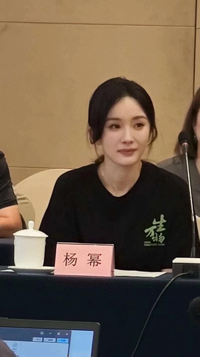杨幂在研讨会上站C位，她的发言很真挚，迟蓬老师坐她旁边很漂亮
