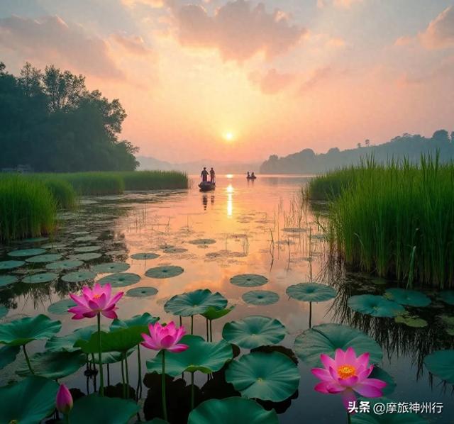 芦苇荷花共绘诗意画卷，渔舟唱晚风景醉人心田。
