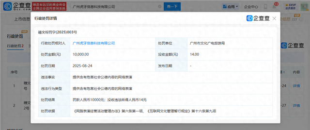 虎牙提供危害社会公德表演被罚1万 没收违法所得14元